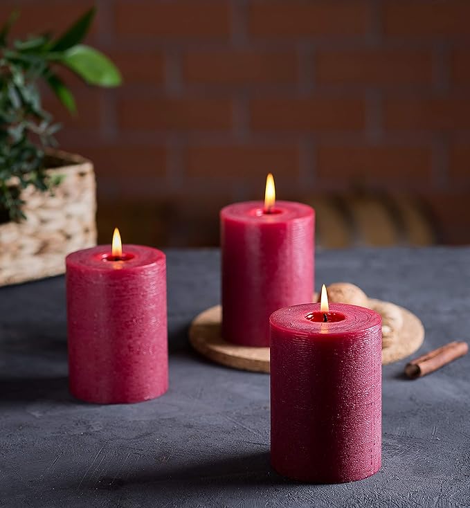 Set of 3 Pillar Candles 3" x 4" Unscented Handpoured Weddings, Home Decoration, Restaurants, Spa, Church Smokeless Cotton Wick - Burgundy