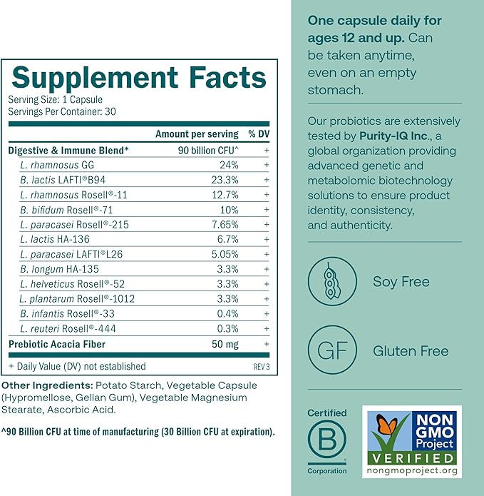 True Grace One Daily Probiotic - 30 Vegetarian Capsules - 90 Billion CFU - Gut, Digestive & Immune Health Support Blend with Prebiotic Fiber - Gluten & Soy Free
