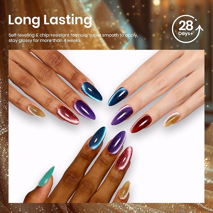 Beetles Cat Eye Gel Nail Polish Set - 6 Colors Glitter Gel Polish Burgundy Red Silver Blue Purple Green Gold Magnetic Cat Eye Holographic Effect Soak Off UV Velvet Nail Art Salon DIY Gift for Women