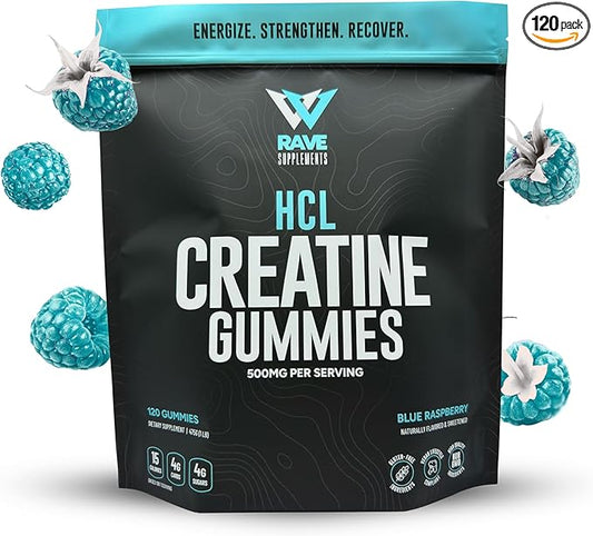 Rave Supplements Creatine HCl Gummies – 500mg Per Serving – All Natural, Organic Ingredients, Blue Raspberry Flavor – Made in USA