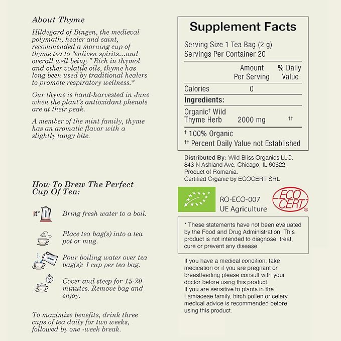 Wild Bliss Organic Wild Thyme Tea - Caffeine Free Respiratory Herbal Support - Pharmacopoeia Potency - 20 Plant Based Tea Bags