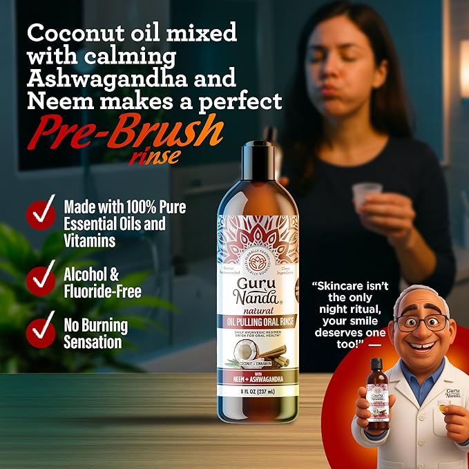 GuruNanda Cinnamon Oil Pulling Mouthwash, Promotes Calmness, with Neem & Ashwagandha for Fresh Breath & Happy Gums, Alcohol-Free, with Toothbrush & Tongue Scraper, 3X8 Oz