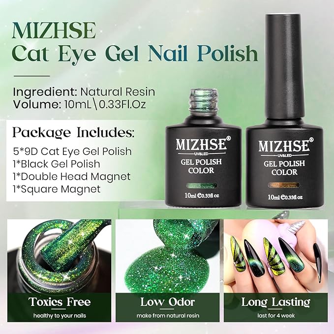 MIZHSE 9D Cat Eye Gel Nail Polish, Magnetic Gel Polish Set 10 ml 6 Colors with 2 Magnets, Chameleon Magic Galaxy Effect Nail Polish, Yellow Brown Fall Colors Soak Off Nail Art Gift for Ladies