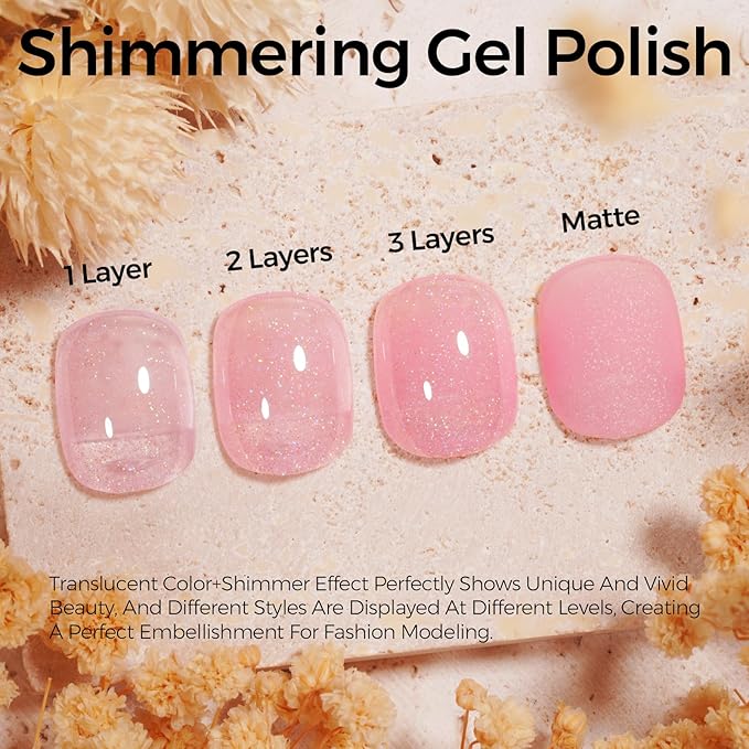 TOMICCA Nude Pink Glitter Gel Nail Polish, Soak Off UV Transparent Shimmer Clear Pink Nail Polish Gel Natural Color Nail Art DIY Manicure Salon