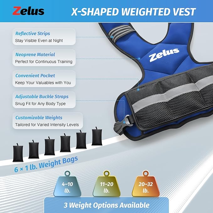 ZELUS Weighted Vest for Men and Women | 4-10lb/11-20lb/20-32lb Vest with 6 Ironsand Weights for Home Workouts | Adjustable Body Weight Vest Exercise Set for Cardio and Strength Training