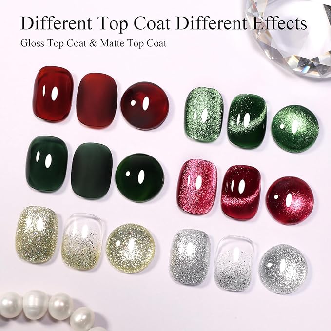 10ml Hema Free Gel Nail Polish Set, 6 Colors Cat Eye Christmas Red Jelly Dark Green Golden Silvery Color Glitter Shimmer Gel Polish Kit with Magnet Soak Off Manicure for DIY and Salon
