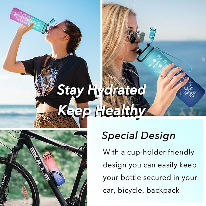Enerbone Water Bottle, Leakproof BPA & Toxic Free, Motivational Water Bottle with Times to Drink and Straw, Fitness Sports Water Bottle with Strap for Office, Gym, Outdoor Sports