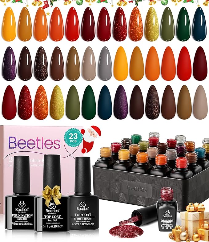 beetles Gel Polish Cozy Campfire Shade Collection - Fall Nail Fest Fall Gel Nail Polish Set, 20 Colors Autumn Orange Yellow Green Brown Red Shades UV LED Cured Soak Off DIY Manicure Gift for Girl