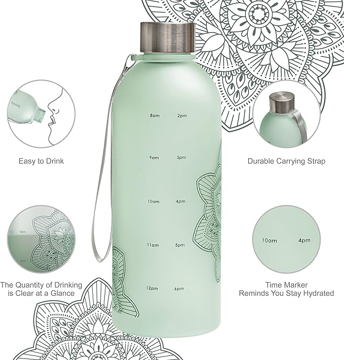 bzyoo 32 OZ 1 Liter Time Marker Water Bottle BPA Free Frosted Durable Plastic With Strap - Reusable Times To Drink For Sports Gym Valentines Gifts Him & Her (Color: Green)