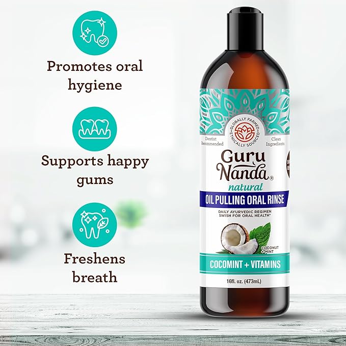 GuruNanda CocoMint Oil Pulling Mouthwash for Complete Oral Hygiene, 7 Essential Oils & Vitamins for Happy Teeth & Gums & Fresh Breath, Alcohol-Free, 16 oz