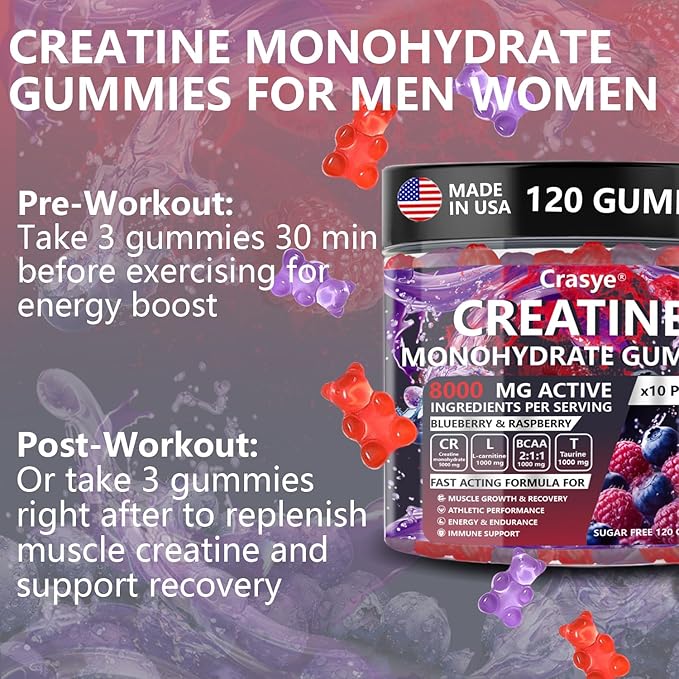 Creatine Gummies Complex 8000mg for Men and Women Creatine Monohydrate Gummy with BCAA Taurine for Muscle Strength and Energy Boost Sugar Free Pre-Workout Supplement - 120 Gummies