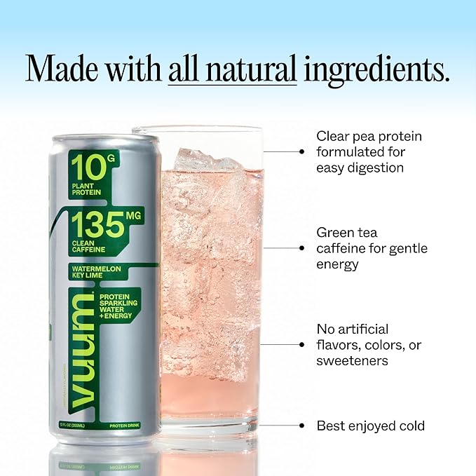 VUUM Sparkling Clear Protein - 10G Plant Protein, Natural Caffeine + Theanine, Sugar Free (Watermelon Key Lime)