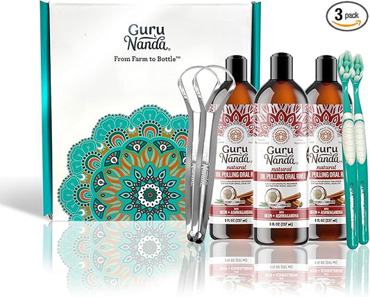GuruNanda Cinnamon Oil Pulling Mouthwash, Promotes Calmness, with Neem & Ashwagandha for Fresh Breath & Happy Gums, Alcohol-Free, with Toothbrush & Tongue Scraper, 3X8 Oz