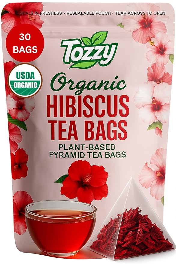 Tozzy Organic Hibiscus Tea – 30 Count, Plant-Based Pyramid Tea Bags