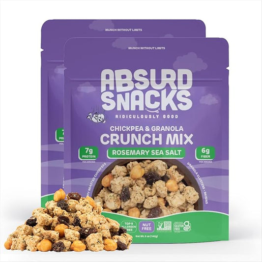 Absurd Snacks Chickpea & Granola Crunch Mix, Nut-Free, Gluten-Free, Plant-Based, Good Source of Protein & Fiber, Top-9 Allergen Free Snack Mix - 2-Pack (5 ounce, 3.5 servings) (Rosemary Sea Salt)