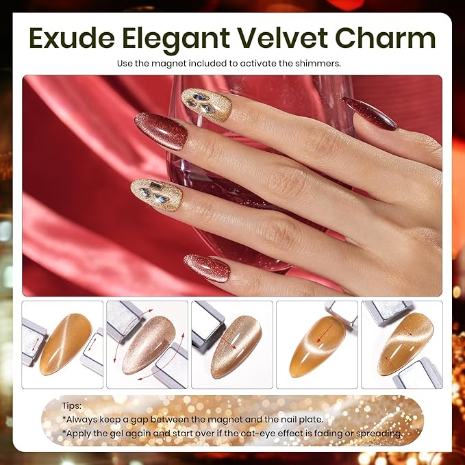 Beetles Cat Eye Gel Nail Polish Set - 6 Colors Glitter Gel Polish Burgundy Red Silver Blue Purple Green Gold Magnetic Cat Eye Holographic Effect Soak Off UV Velvet Nail Art Salon DIY Gift for Women