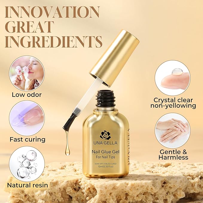 UNA GELLA 6 in 1 Gel Nail Glue for Nails Tips 10ml Long Lasting U V Nail Glue Super Strong Brush On Glue for Base Blooming Gel for Clear False Nail Tips and Press on Acrylic Nails Need Light Cured