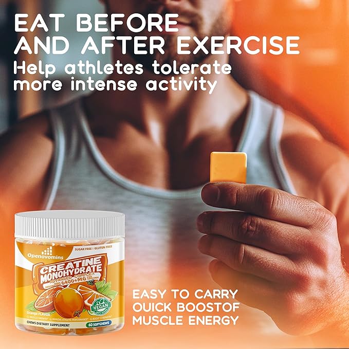 Creatine Monohydrate Soft Chews Complex 6400mg for Men & Women -Advanced Formula W/L-Taurine + Vitamin B12, Sugar Free Chewable Supplement,60 Orange Softchews