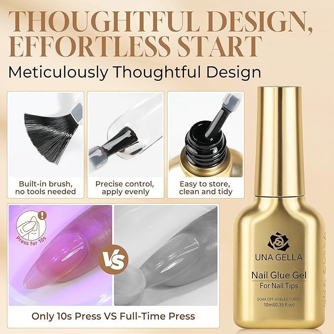 UNA GELLA 6 in 1 Gel Nail Glue for Nails Tips 10ml Long Lasting U V Nail Glue Super Strong Brush On Glue for Base Blooming Gel for Clear False Nail Tips and Press on Acrylic Nails Need Light Cured