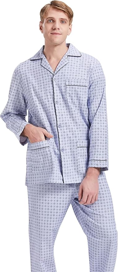 GLOBAL Men's Pajamas Sets 100% Cotton Flannel Sleepwear Long-Sleeve top & Bottom