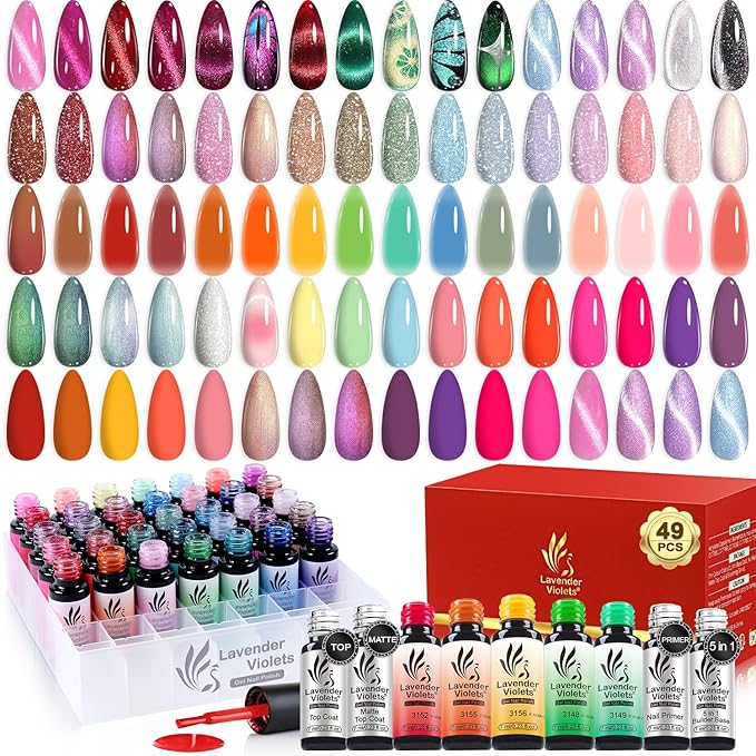 Lavender Violets 49 PCS Gel Nail Polish Set, 45 Colors Cat Eye Reflective Glitter Gel Polish with Nail Primer, Base Coat, Glossy & Matte Top Coat Jelly Nude Red Brown Gifts for Women
