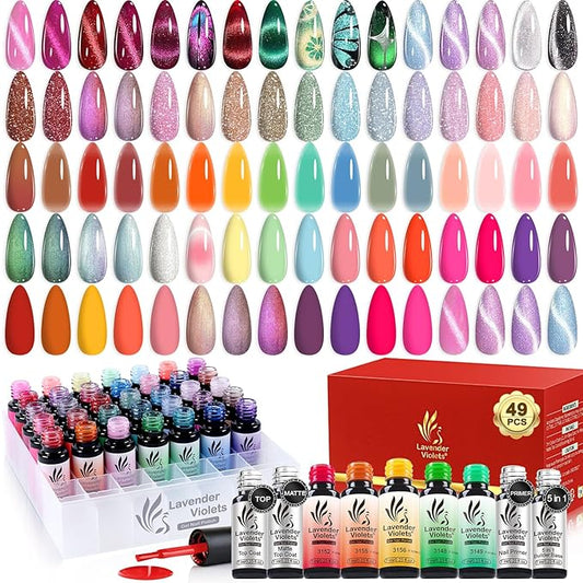 Lavender Violets 49 PCS Gel Nail Polish Set, 45 Colors Cat Eye Reflective Glitter Gel Polish with Nail Primer, Base Coat, Glossy & Matte Top Coat Jelly Nude Red Brown Gifts for Women