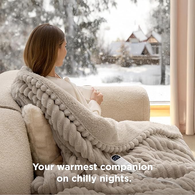 Bedsure Heated Blanket Electric Throw - Thick Striped Flannel Electric Blanket, Heating with 4 Time Settings, 6 Heat Settings, and 3-Hour Timer Auto Shut Off, Gift for Grandma (50x60 inches, Linen)