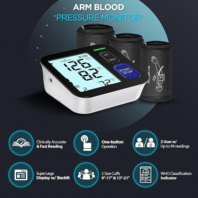 Blood Pressure Machine Upper Arm, 3 Size Cuffs, S, M/L and XL, Small 7"-9", Medium/Large 9"-17" and Extra Large X-Large Cuff 13"-21", Accurate Automatic Digital BP Monitor Home Use, Large Backlit LCD