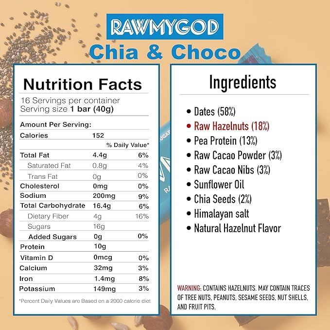 RAWMYGOD Fruit and Nut Bars, Gluten Free, Vegan, No Added Sugar (16 bars, Protein Pack - 4 Orange & Hazelnut, 4 Fruit & Nut, 4 Chia & Choco, 4 Peanut & Cacao)