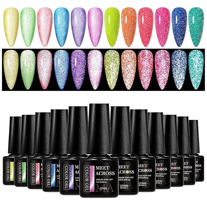 MEET ACROSS Reflective Glitter Neon Gel Polish Set, 12 Colors Gel Nail Polish Set Nails Gel Blue Hot Pink Purple Soak Off Uv Led Gel Nail Polish Kit Nail Gift for Her