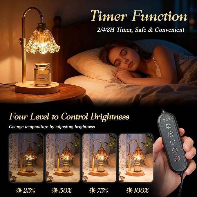 Candle Warmer Lamp with Adjustable Height - Flameless 4-Level Dimmable Wax Warmer with Colorful Glass Shade & Wooden Base, Timer Function & Stylish Design in Multiple Colors (Brown)