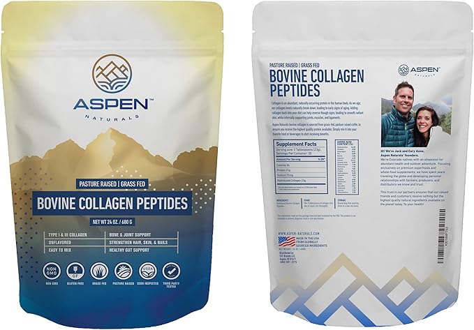 ASPEN NATURALS Grass fed Bovine Collagen Peptides Powder 3lb - Collagen for Women, USA Sourced from USDA Inspected Cattle, Gluten Free, Paleo Friendly, Water Soluble, Flavorless, Easily Mixes