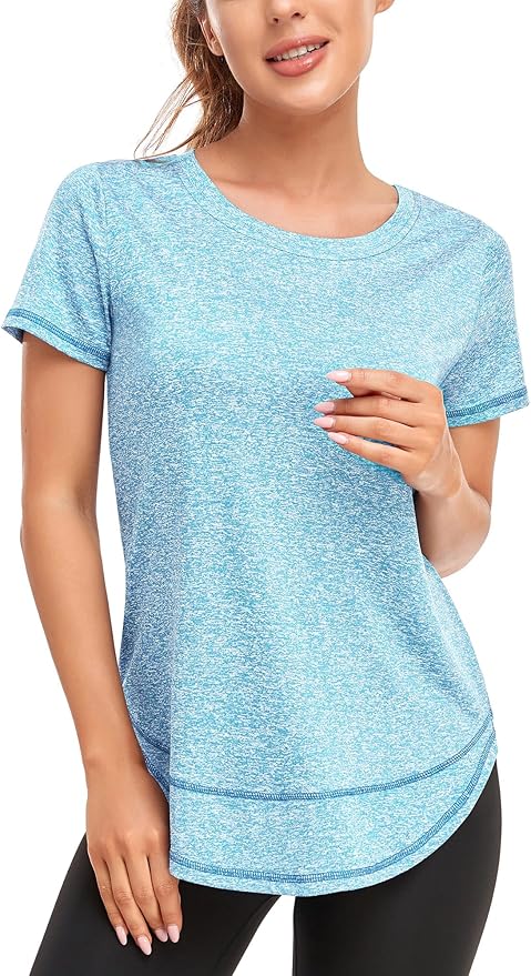 Women's Short Sleeve Workout Shirts Crewneck Sports Yoga Running Dry Fit Tops Side Split Tee