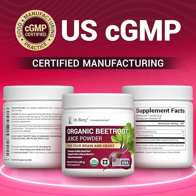Dr. Berg Raw Organic Beet Powder from Real Earth-Grown Beets – USDA Certified Organic Beet Root Powder to Support Nitric Oxide Levels, Energy, Blood Flow, & Heart Health* – 30 Servings