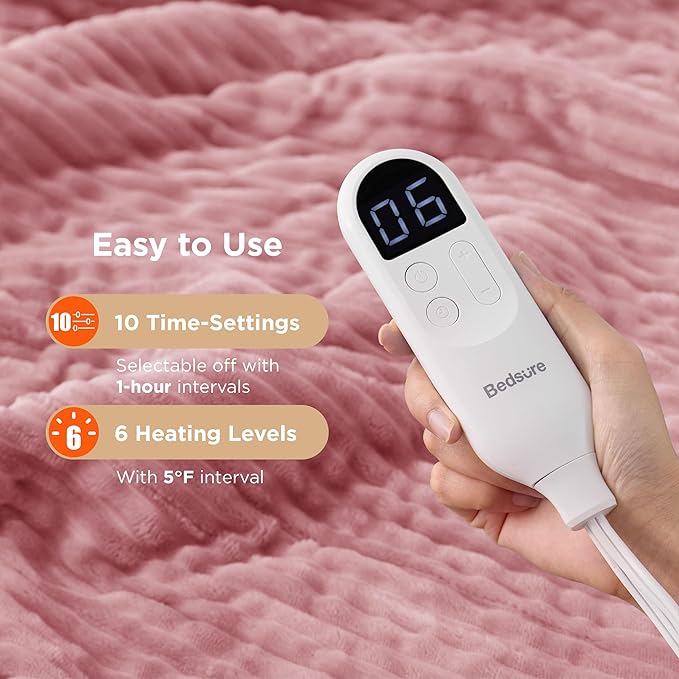 Bedsure GentleSoft Electric Blanket Twin - Soft Ribbed Flannel Heated Blanket, Heating with 10 Time Settings, 6 Heat Settings, and 8 hrs Timer Auto Shut Off (62x84 inches, Bridal Rose)