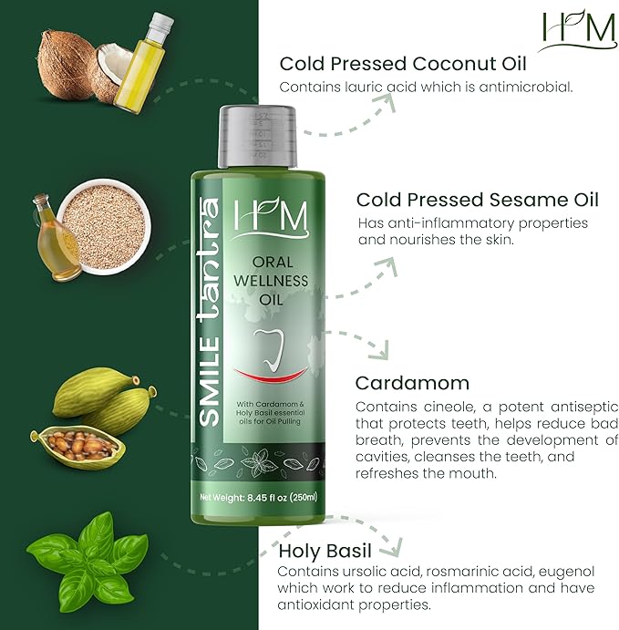 Smile Tantra Oil Pulling with Cardamom & Holy Basil Essential Oils for Oral Health, Healthy Teeth & Gums, Alcohol Free Mouthwash, Teeth Whitening, for Dry Mouth, Bad Breath & Freshens Mouth-8.45 FL