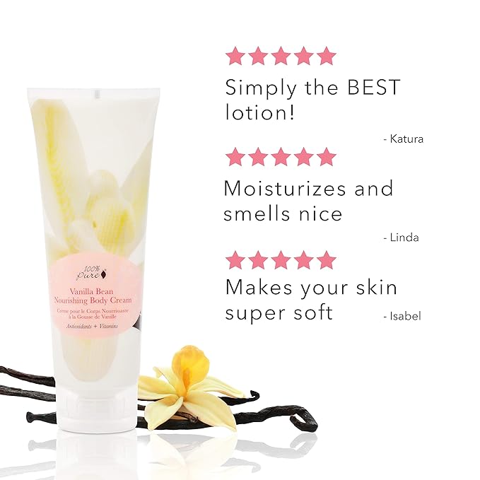 100% PURE Nourishing Body Cream Vanilla Bean Lotion Luxurious Dry Skin Hydration & Replenishment Natural Anti-Aging Moisturizer & Skincare for All Skin Types Women & Men - Vegan - 8 oz