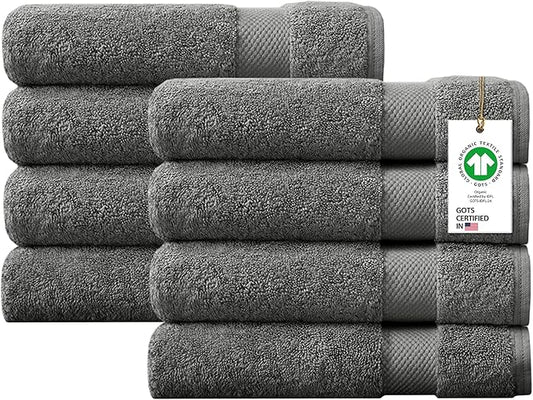 Delara 100% Organic Cotton Towels 650 GSM Plush Feather Touch Quick Dry Bath Towel, Pack of 8 GOTS Certified, Oeko-Tex Green Certified, Organic Cotton Bath Towel, 30"X58"