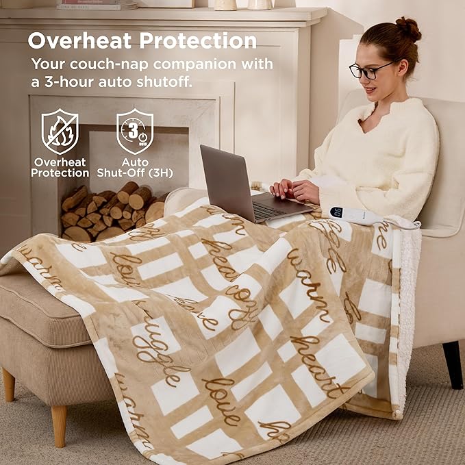 Bedsure Healing Heated Blanket Throw - Flannel Sherpa Electric Blanket with Inspirational Words, Heated Throw with 6 Heating Levels, 4 Time Settings, 3-Hour Auto-Off, Gift for Grandma (50"x60")