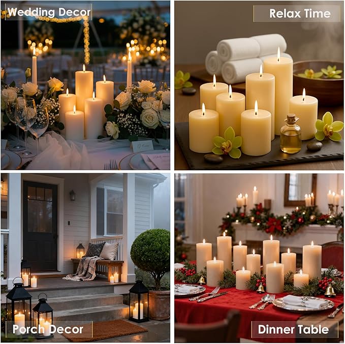 Ivory Pillar Candles Set, 12 Packs, 2.8 in x 4, 6, 8 Inch Assorted Size Unscented Pillar Candles Bulk for Home Decor, Long Burning Candle for Emergency, Holiday Dinner, Dripless & Smokeless