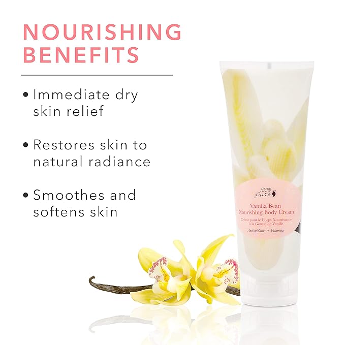 100% PURE Nourishing Body Cream Vanilla Bean Lotion Luxurious Dry Skin Hydration & Replenishment Natural Anti-Aging Moisturizer & Skincare for All Skin Types Women & Men - Vegan - 8 oz