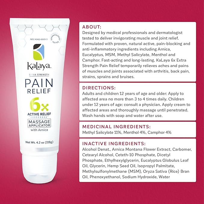 Kalaya Pain Relief Cream with Arnica – Fast-Acting Joint & Muscle Pain Relief – 6 Natural Ingredients – No-Mess Applicator – RMT-Inspired Design – Dermatologist Tested – 4.2 oz (Pack of 3)