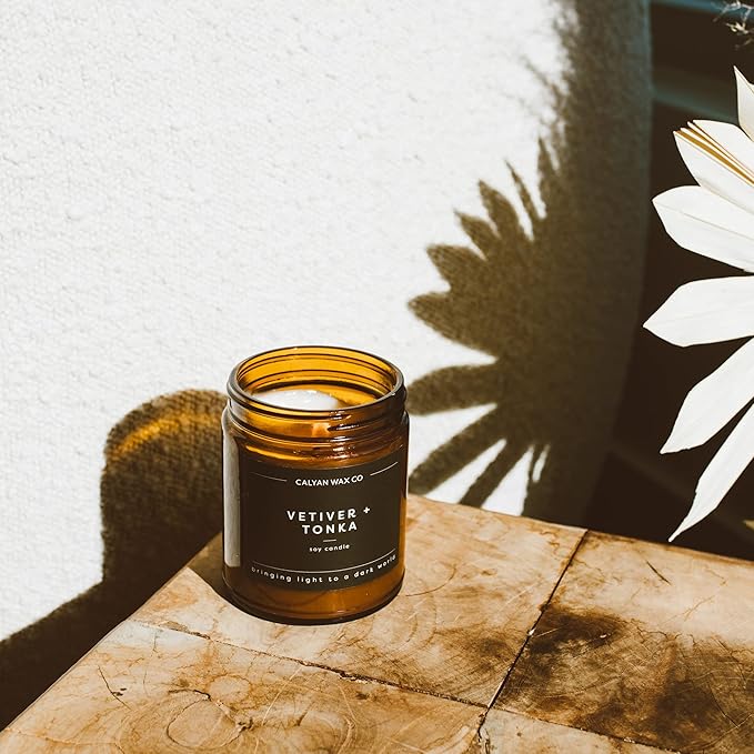 Calyan Wax Co. Vetiver & Tonka Scented Candle - 57 Hour Burn - Luxury Non Toxic Soy Wax Candles - Long Lasting Amber Glass Jar Candle for Home - 7.2oz