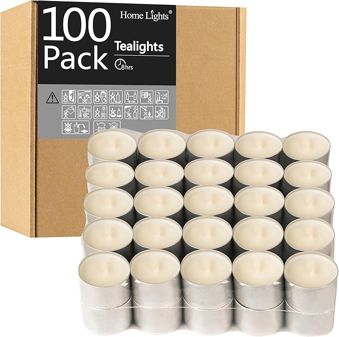 HomeLights Unscented Tealight Candles - 100 Pack, 8hr Smokeless White Votive Candles for Shabbat, Weddings, Home Decor
