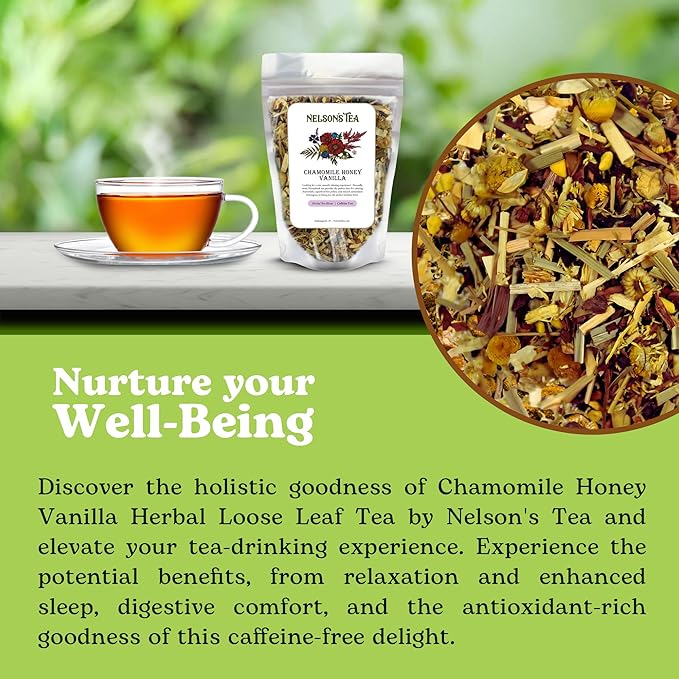Nelson's Tea Chamomile Honey Vanilla- Caffeine-Free - Herbal Loose Leaf Tea, Curated Blend with Honeybush, Chamomile, Lemongrass, Licorice Root, Toasted Coconut, and Bee Pollen- Bedtime Brew 2.2 Oz