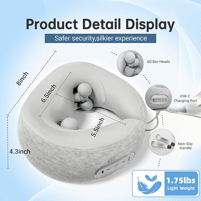 Neck Pillow Airplane with Heat and kneading, Neck Massager for Pain Relief deep Tissue, Neck Support Pillow for Sleeping Traveling Office & Home, Thoughtful Gifts for Women and Men (Gray)