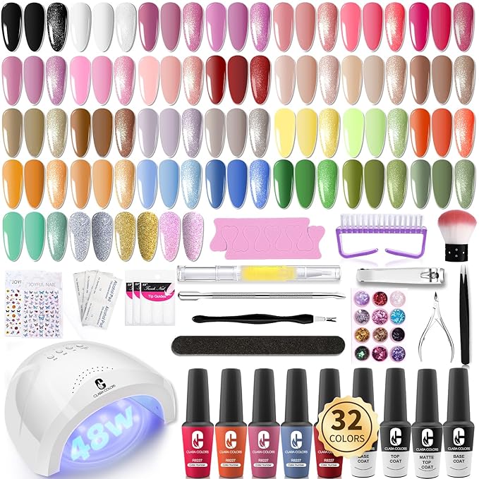 Clara Colors 32 Colors 14ml Gel Nail Polish Kit with UV Light, All In One Gel Polish Set with 48W Light Base and Matte Glossy Top Coat Essential Manicure Tools Nails Art Decorations