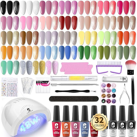 Clara Colors 32 Colors 14ml Gel Nail Polish Kit with UV Light, All In One Gel Polish Set with 48W Light Base and Matte Glossy Top Coat Essential Manicure Tools Nails Art Decorations