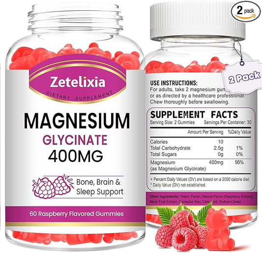 2 Pack Magnesium Glycinate Gummies, High Absorption Magnesium Glycinate Supplements for Relaxation, Sugar Free Chews for Adults & Kids, Relax Mood, Raspberry Flavor, 120 Count