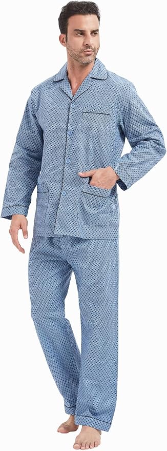 GLOBAL Men's Pajamas Sets 100% Cotton Flannel Sleepwear Long-Sleeve top & Bottom
